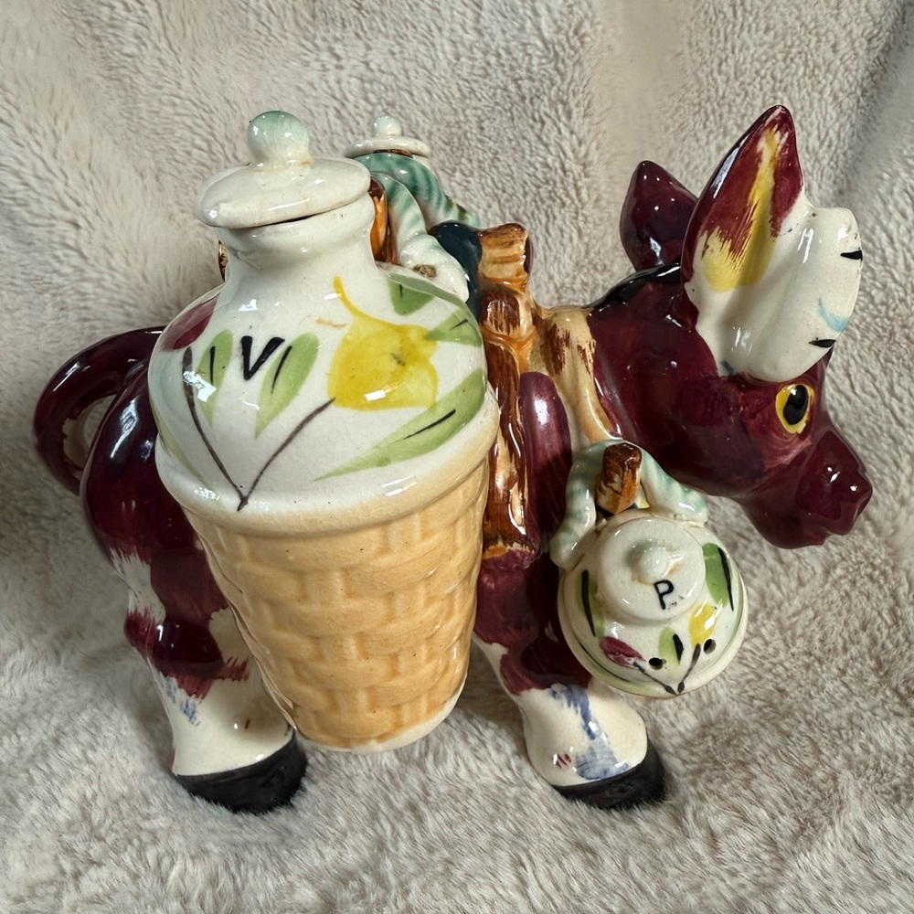 Thames Ceramic Burro (Donkey) Condiment Set hand-painted in Japan 1950s Vintage